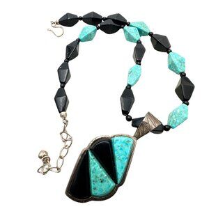Jay King Necklace Sterling Silver Turquoise Black Onyx Pendant 16 to 18 Inch